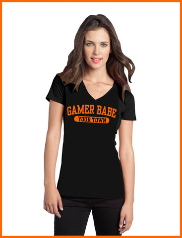 Gamer Babe "Your Town"  Classic Black Short Sleeve V Neck T-Shirt for Ladies